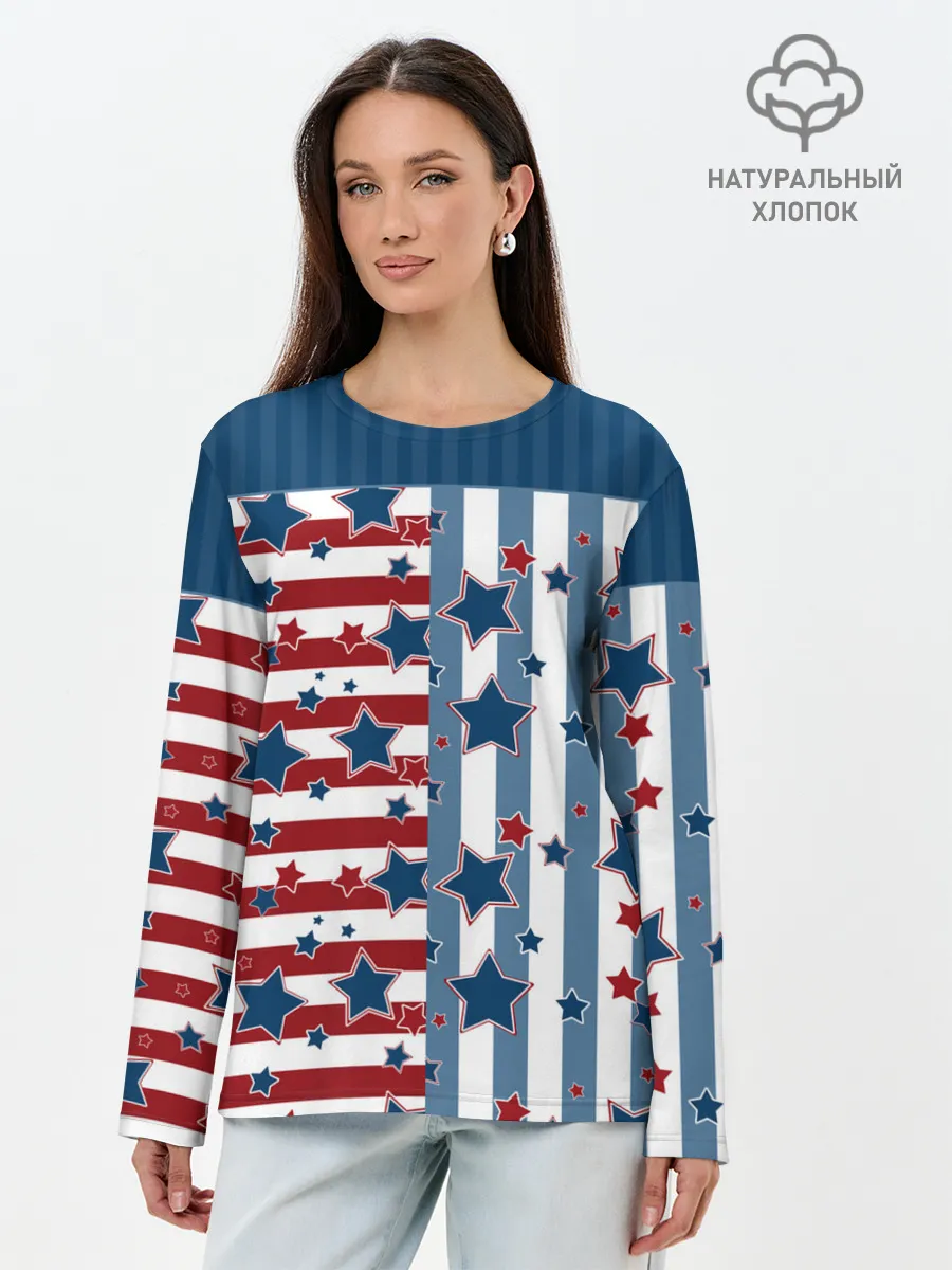 Лонгслив женский. Хлопок / Голубые звезды на полосатом