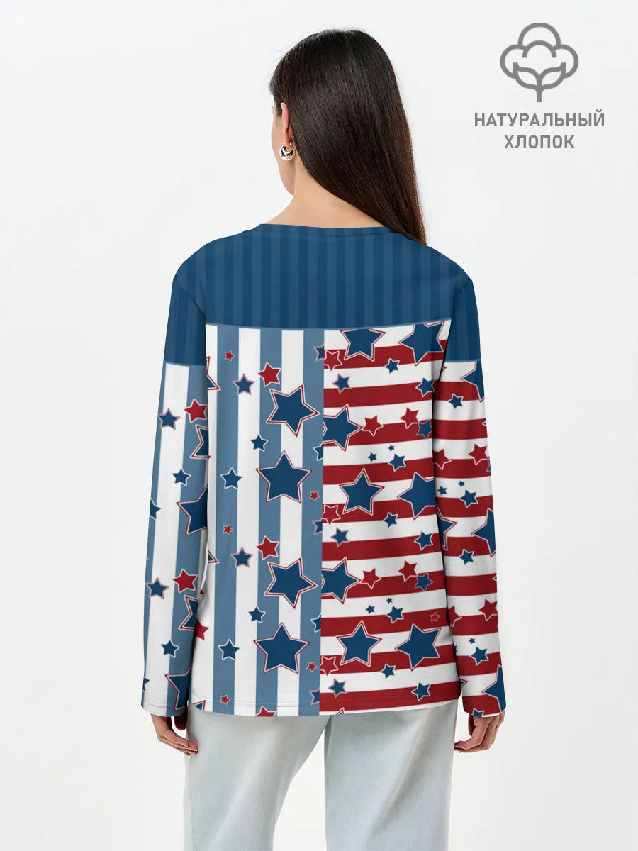 Лонгслив женский. Хлопок / Голубые звезды на полосатом
