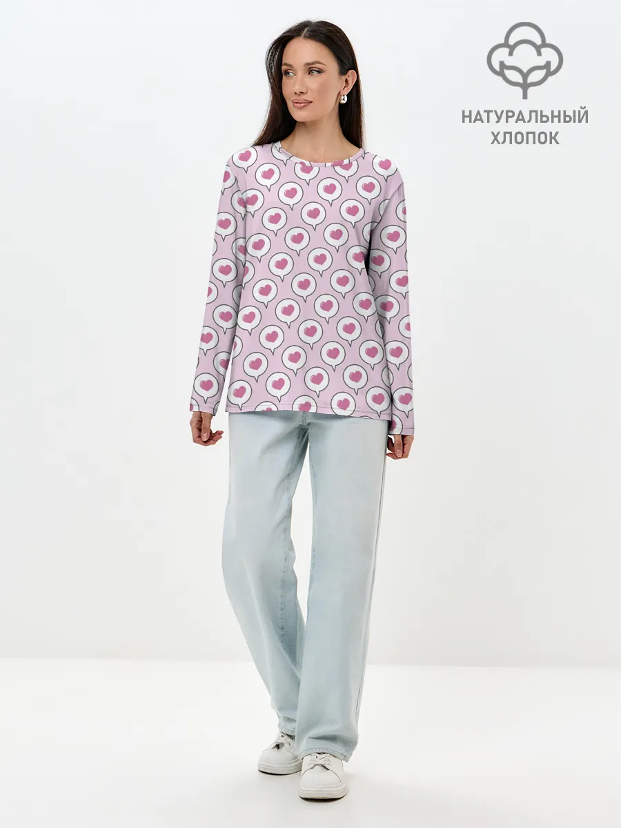 Лонгслив женский. Хлопок / Сердечки в облачках