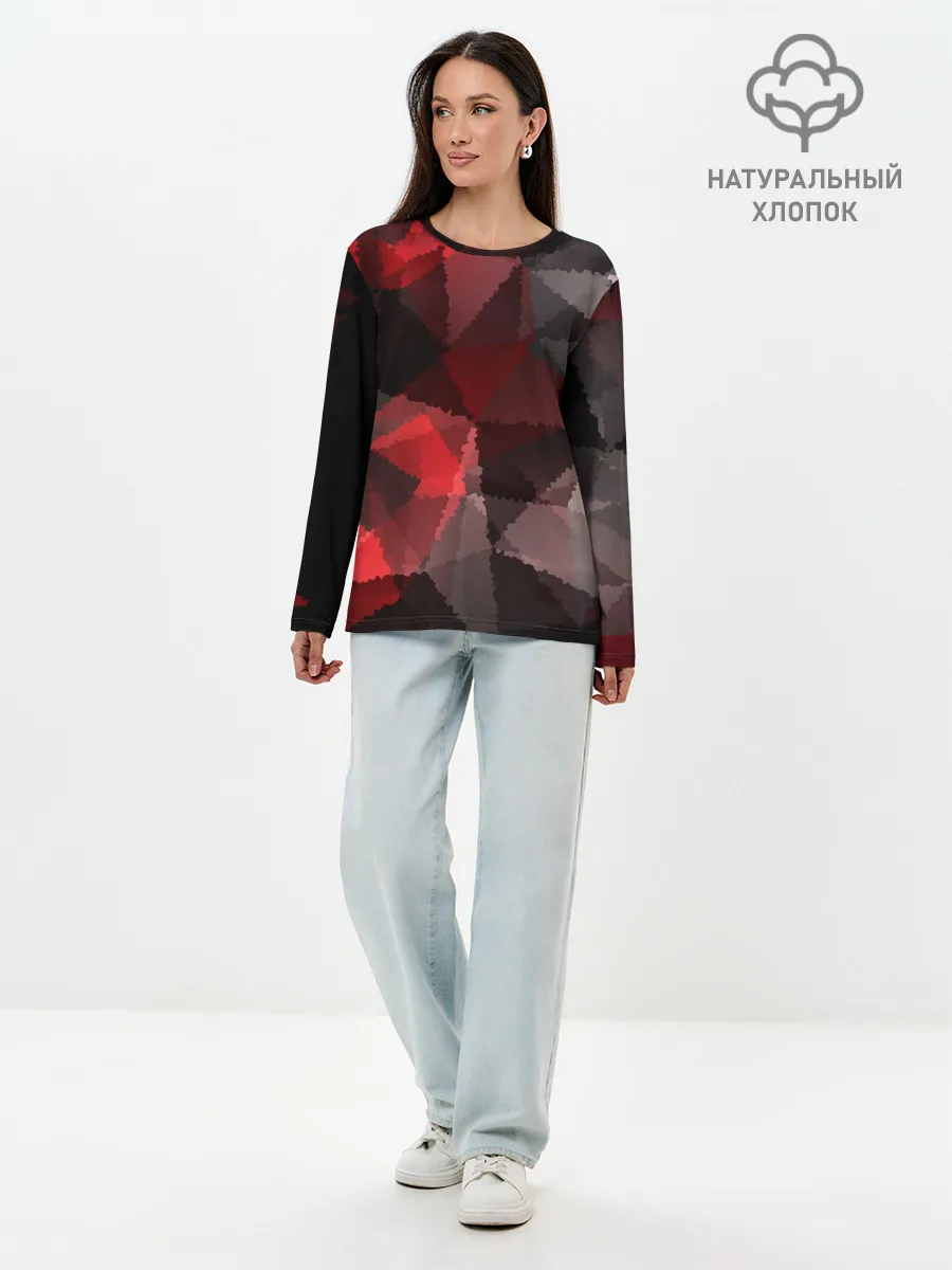 Лонгслив женский. Хлопок / Серо-красная абстракция
