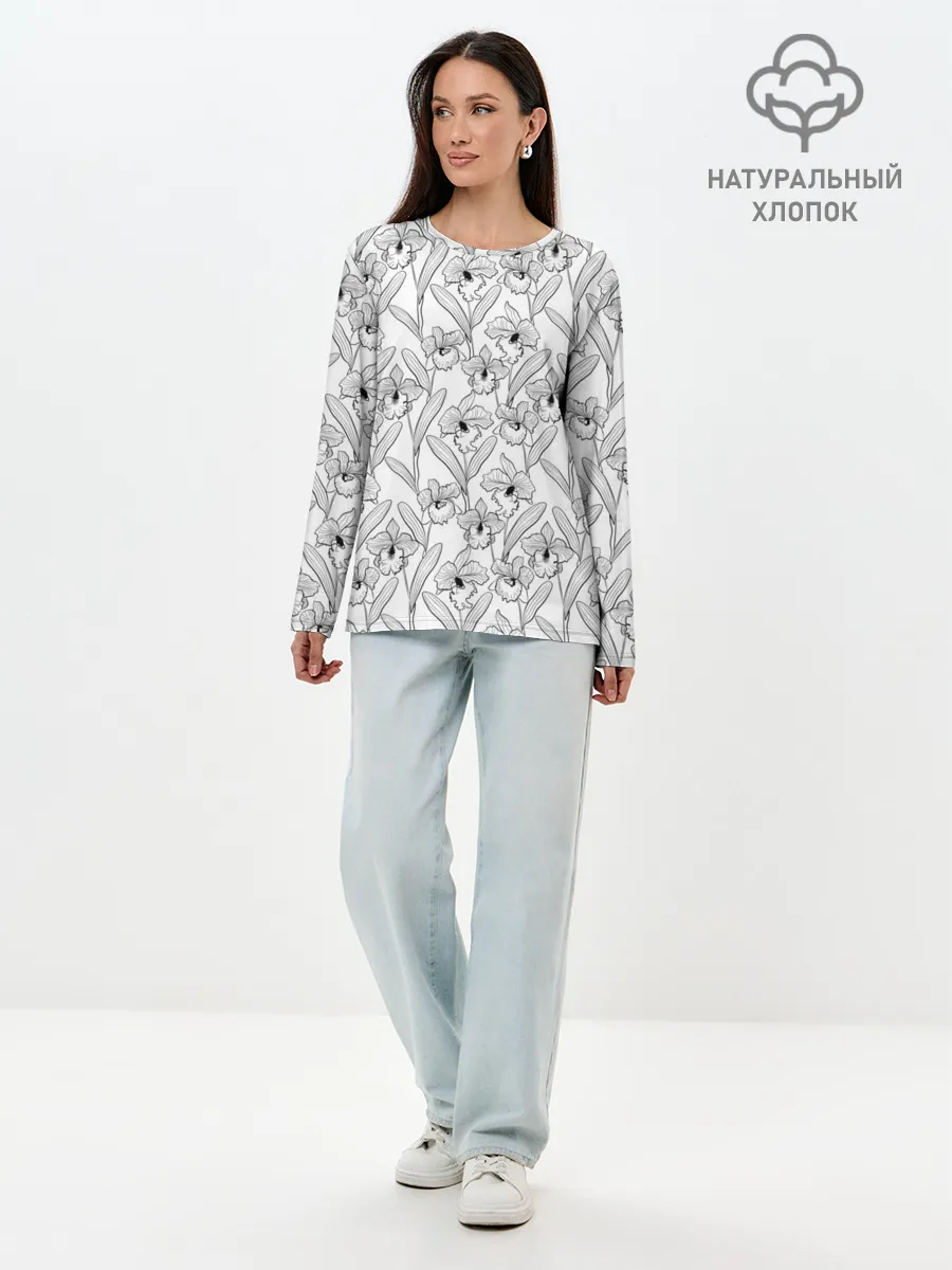 Лонгслив женский. Хлопок / Скетч. Цветы орхидеи