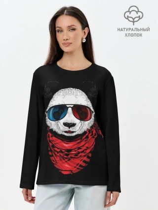 Лонгслив женский. Хлопок / Панда Хипстер в Очках