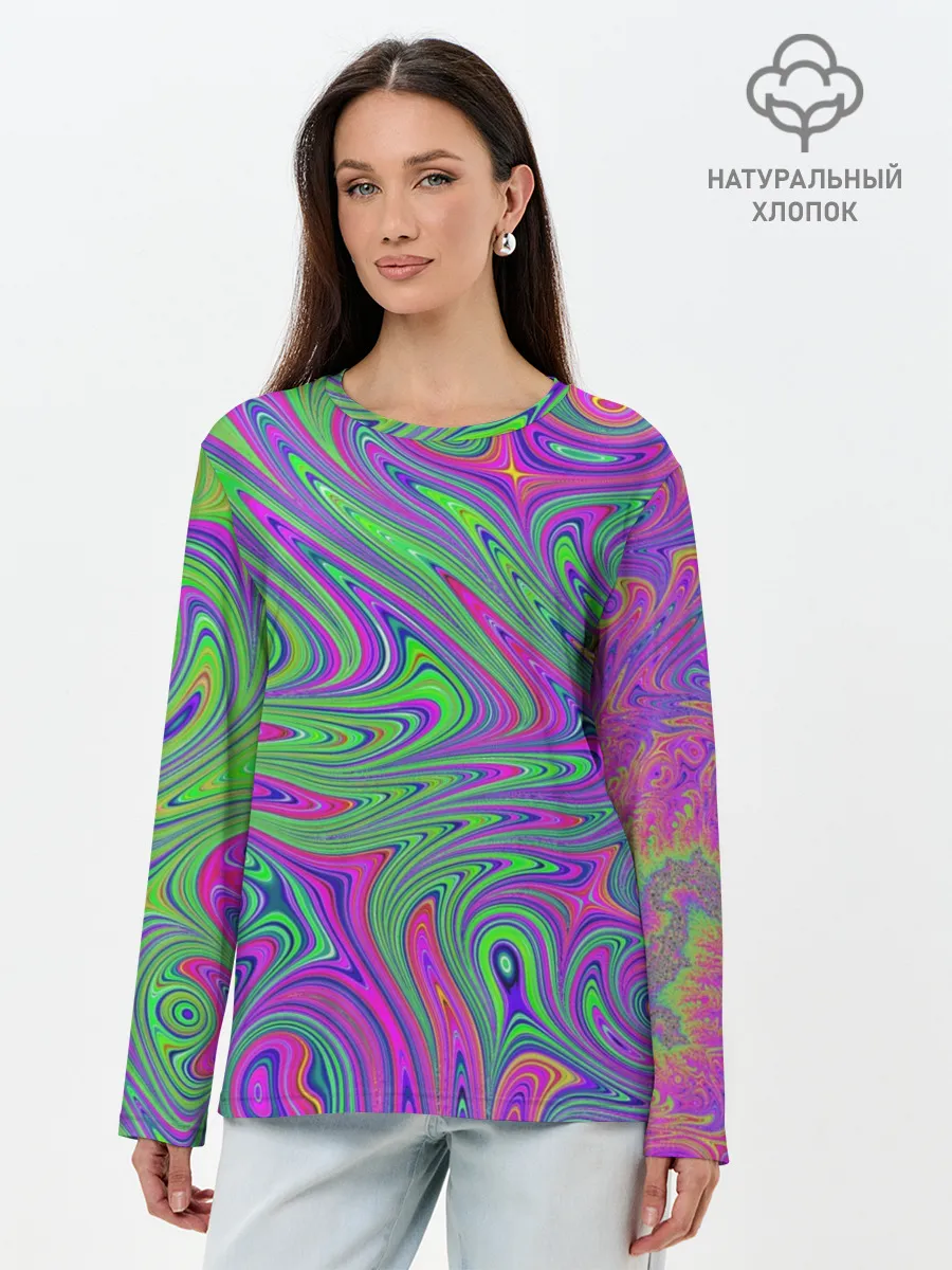 Лонгслив женский. Хлопок / Неоновый абстрактный узор