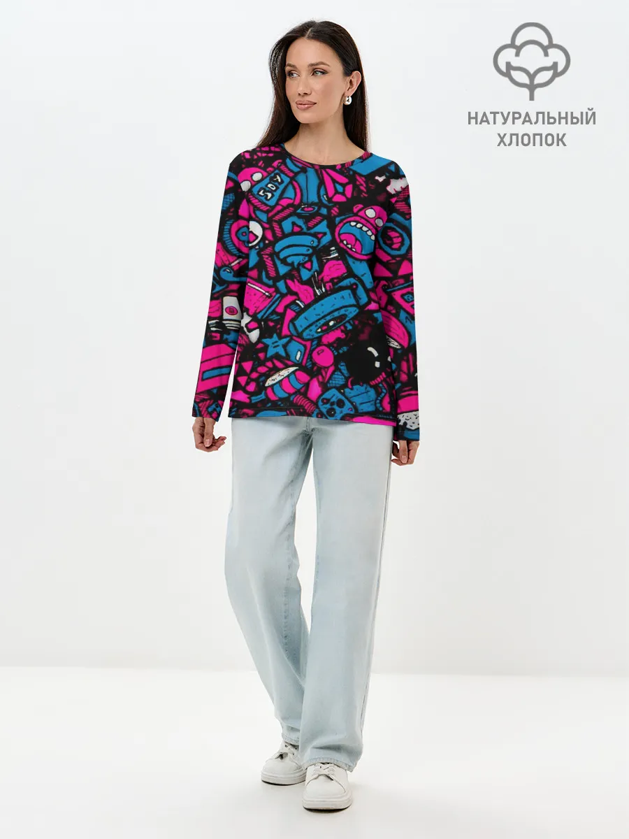 Лонгслив женский. Хлопок / Мультяшные кислотные картинки