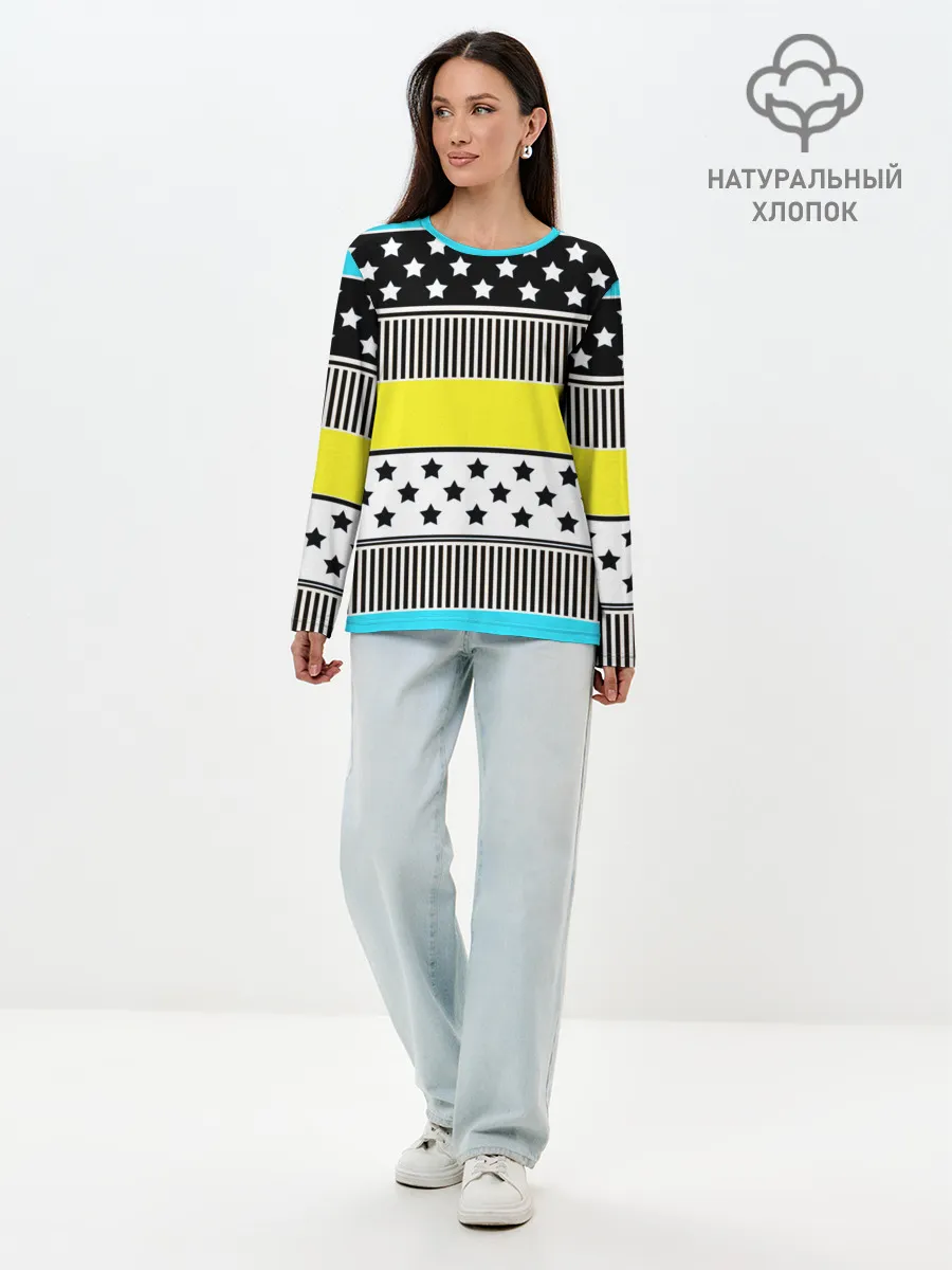 Лонгслив женский. Хлопок / Неоновый яркий полосатый узор