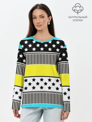 Лонгслив женский. Хлопок / Неоновый яркий полосатый узор