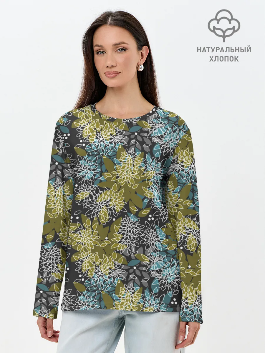 Лонгслив женский. Хлопок / Черно оливковый цветочный