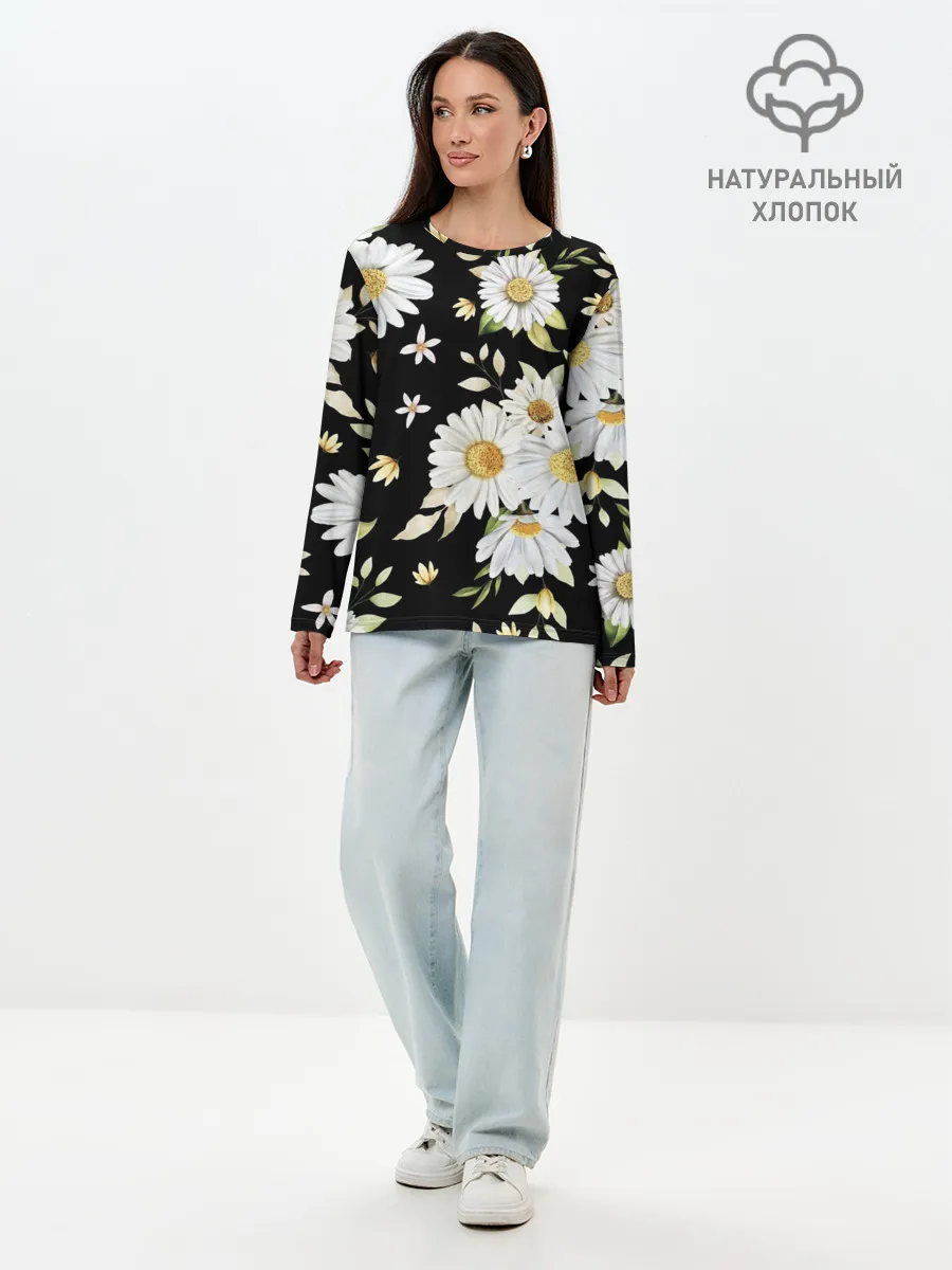Лонгслив женский. Хлопок / Ромашки на черном фоне
