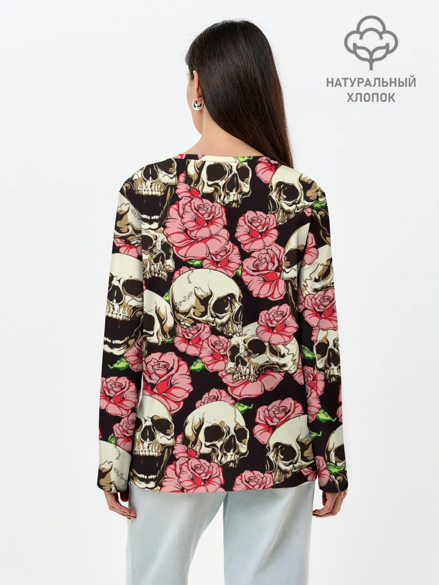 Лонгслив женский. Хлопок / Черепа и цветы