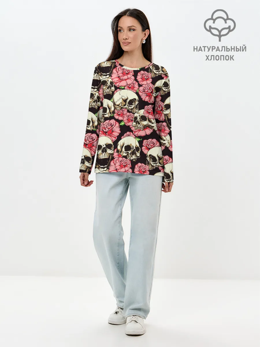 Лонгслив женский. Хлопок / Черепа и цветы