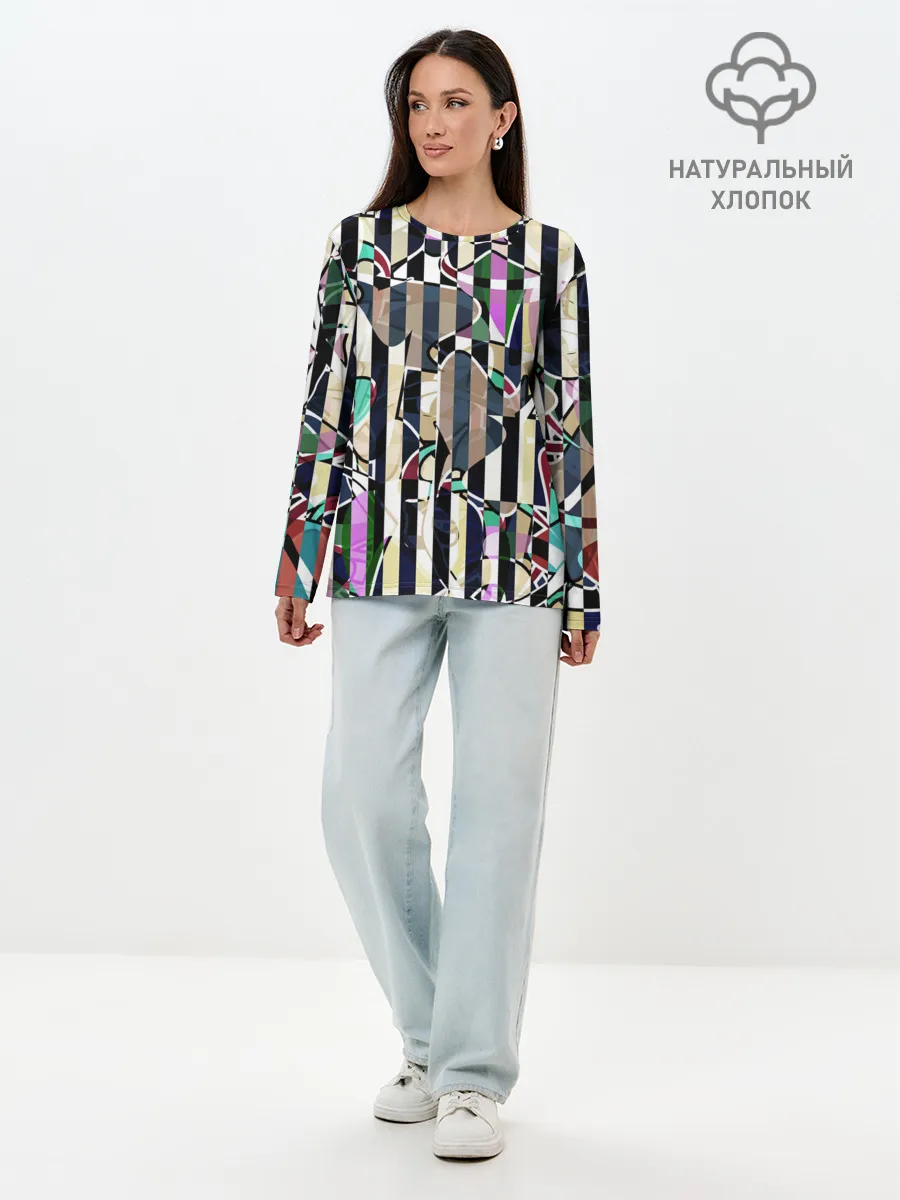 Лонгслив женский. Хлопок / Полосатый абстрактный узор