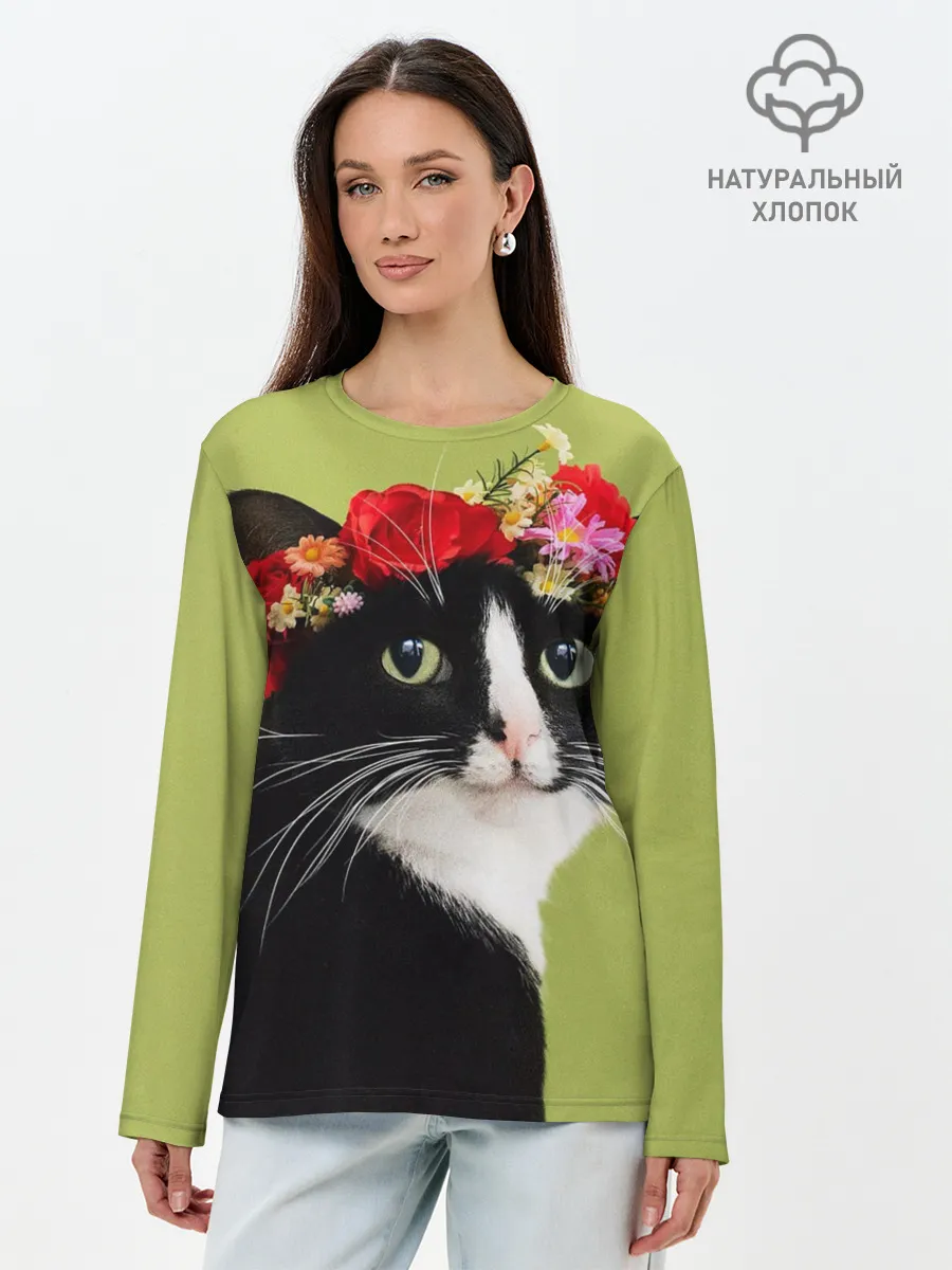 Лонгслив женский. Хлопок / Кот и цветы