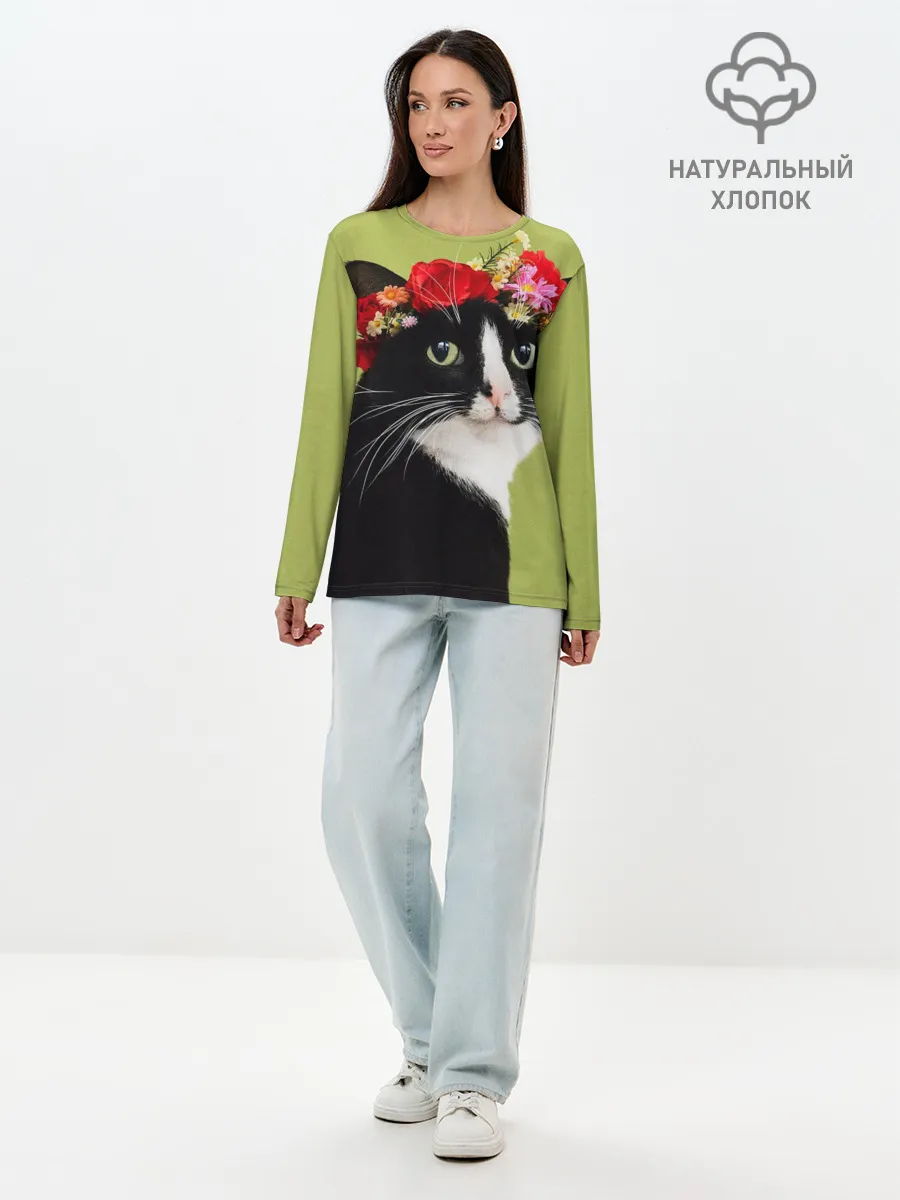 Лонгслив женский. Хлопок / Кот и цветы