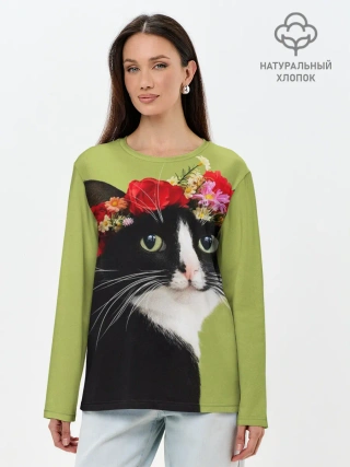Лонгслив женский. Хлопок / Кот и цветы