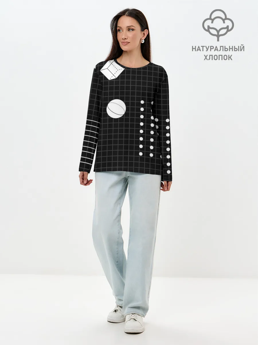 Лонгслив женский. Хлопок / Черно-белые фигуры 3D