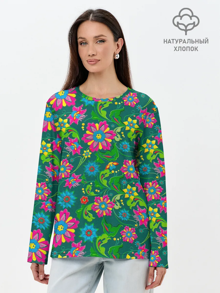 Лонгслив женский. Хлопок / Поле разноцветных цветков
