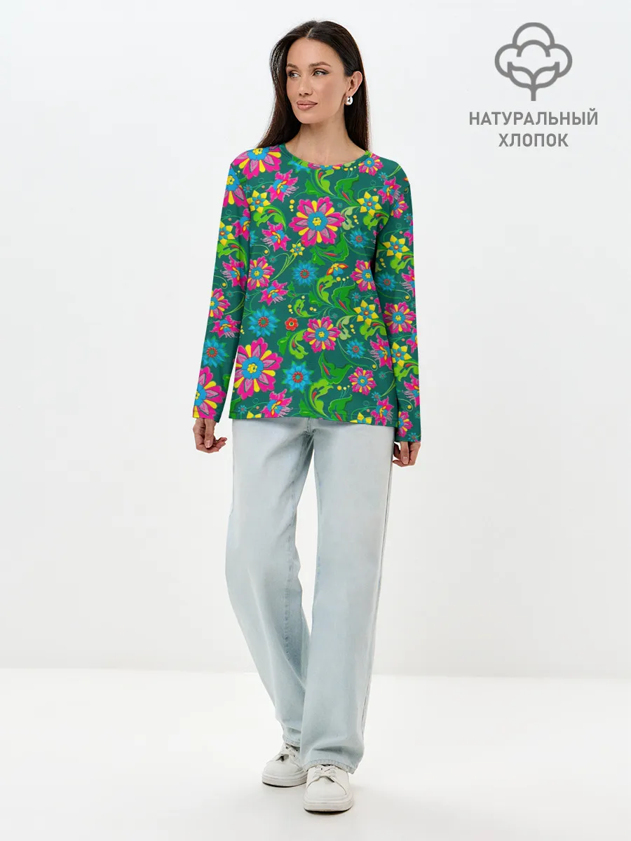 Лонгслив женский. Хлопок / Поле разноцветных цветков