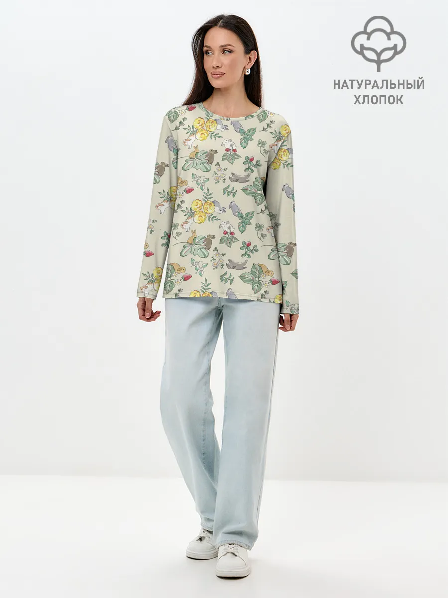 Лонгслив женский. Хлопок / Зайчики с Цветочками