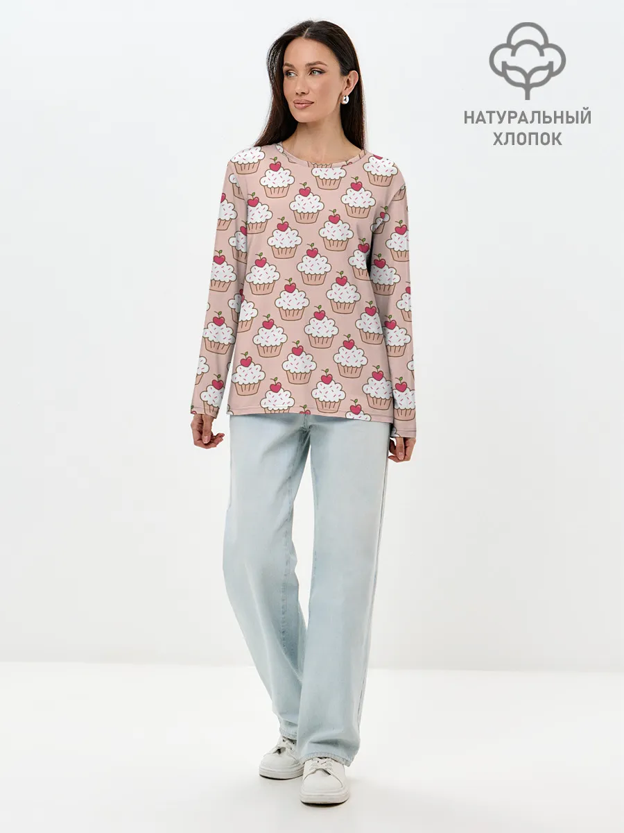 Лонгслив женский. Хлопок / Вишенка на кексе
