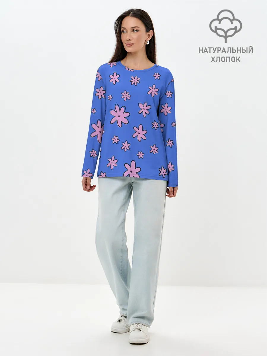 Лонгслив женский. Хлопок / Цветочки рисованные