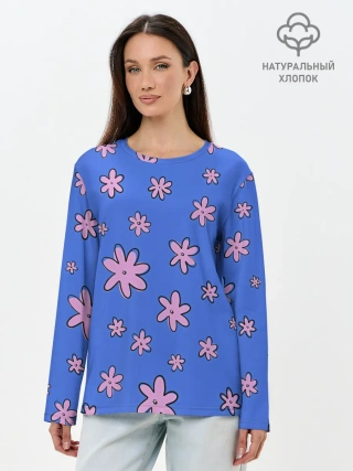 Лонгслив женский. Хлопок / Цветочки рисованные