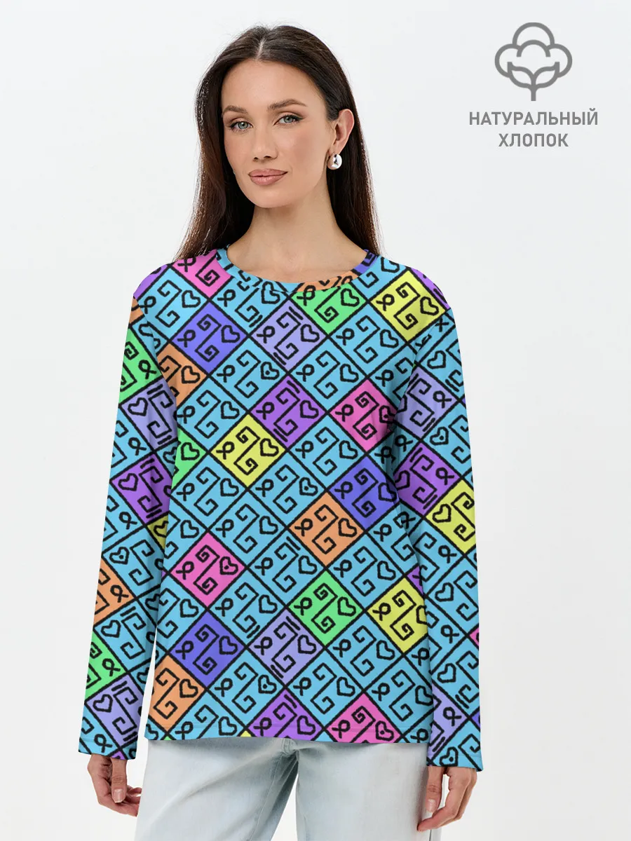 Лонгслив женский. Хлопок / Неоновый яркий абстрактный узо