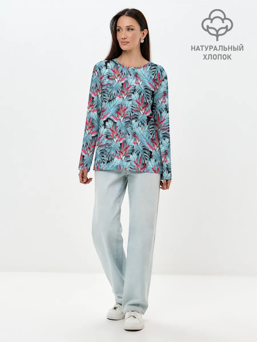 Лонгслив женский. Хлопок / Розово-голубой тропический