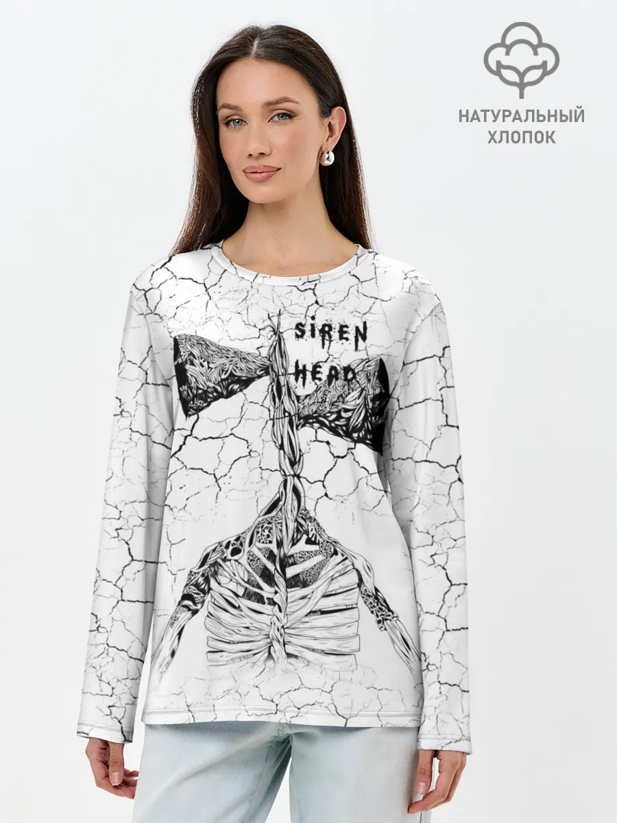 Лонгслив женский. Хлопок / Сиреноголовый Трещины Надпись