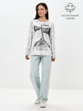 Лонгслив женский. Хлопок / Сиреноголовый Трещины Надпись