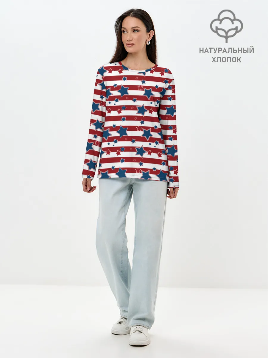 Лонгслив женский. Хлопок / Синие звезды на полосатом фоне