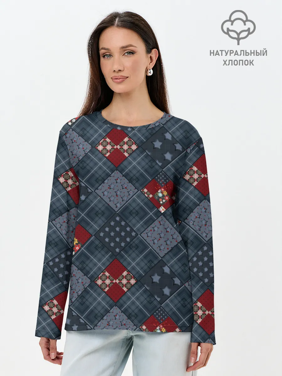 Лонгслив женский. Хлопок / Синий джинсовый плед