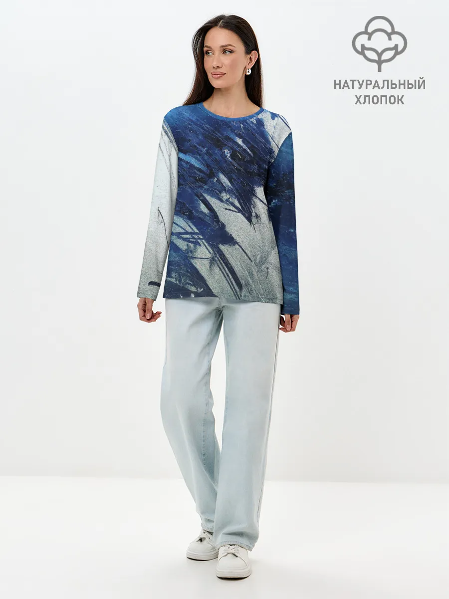 Лонгслив женский. Хлопок / Серо-синее абстрактное
