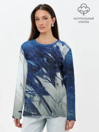 Лонгслив женский. Хлопок / Серо-синее абстрактное