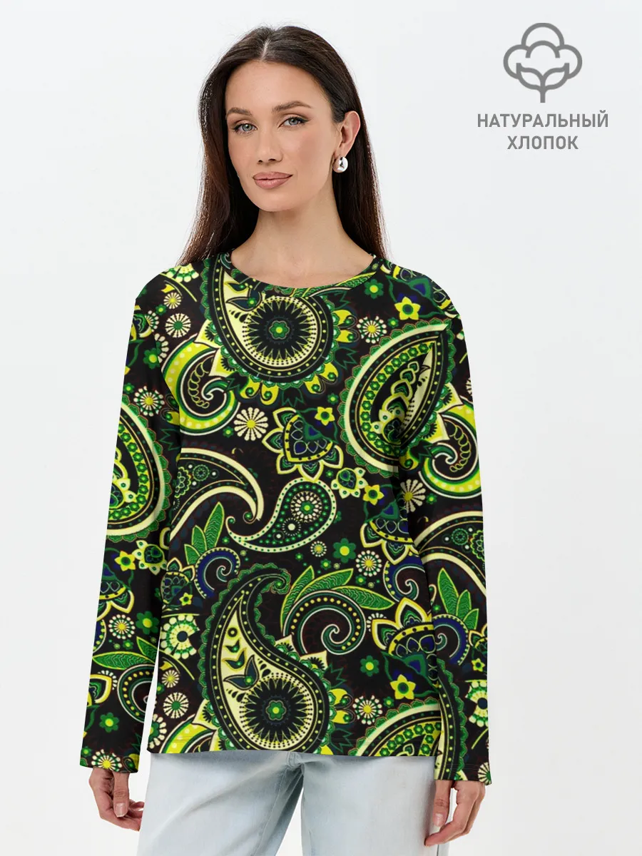 Лонгслив женский. Хлопок / Ярко зеленые славянские узоры