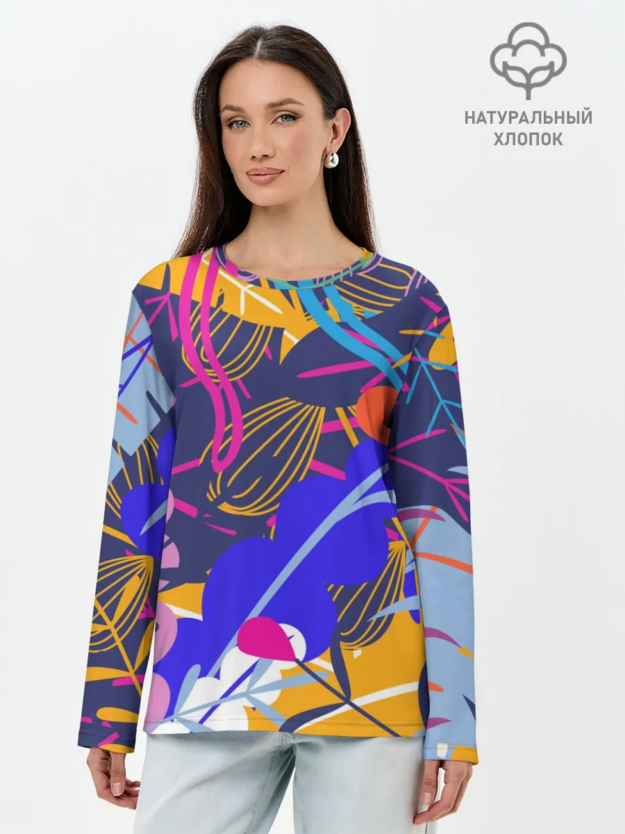 Лонгслив женский. Хлопок / листья цветы текстура паттэрн