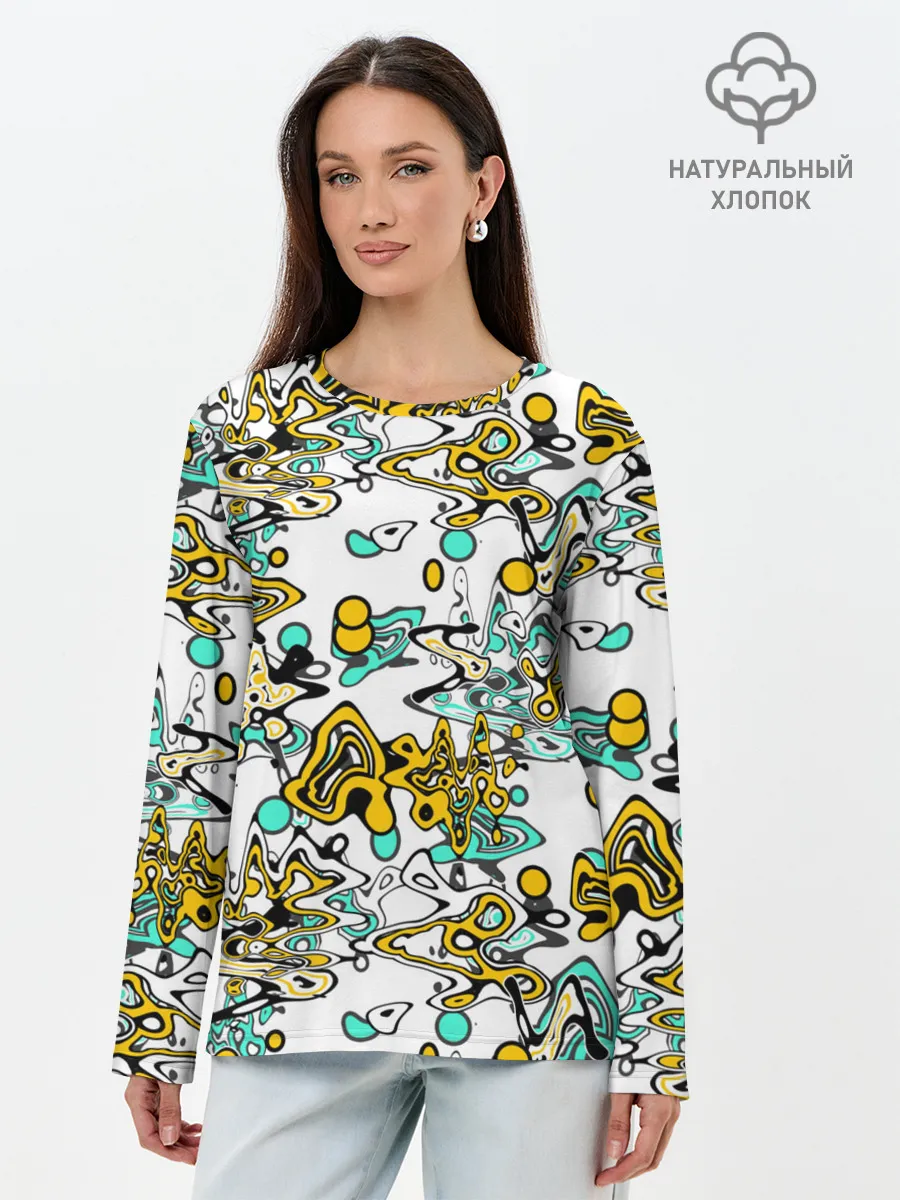 Лонгслив женский. Хлопок / Бирюзово-желтый узор