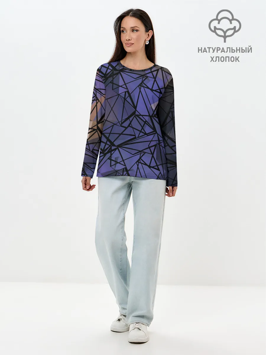 Лонгслив женский. Хлопок / Синий-бежевый абстрактный узор