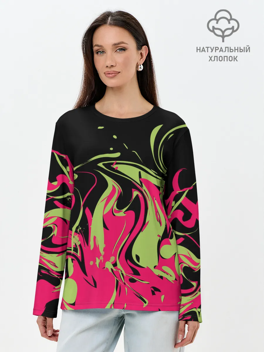 Лонгслив женский. Хлопок / Черно малиновый абстрактный