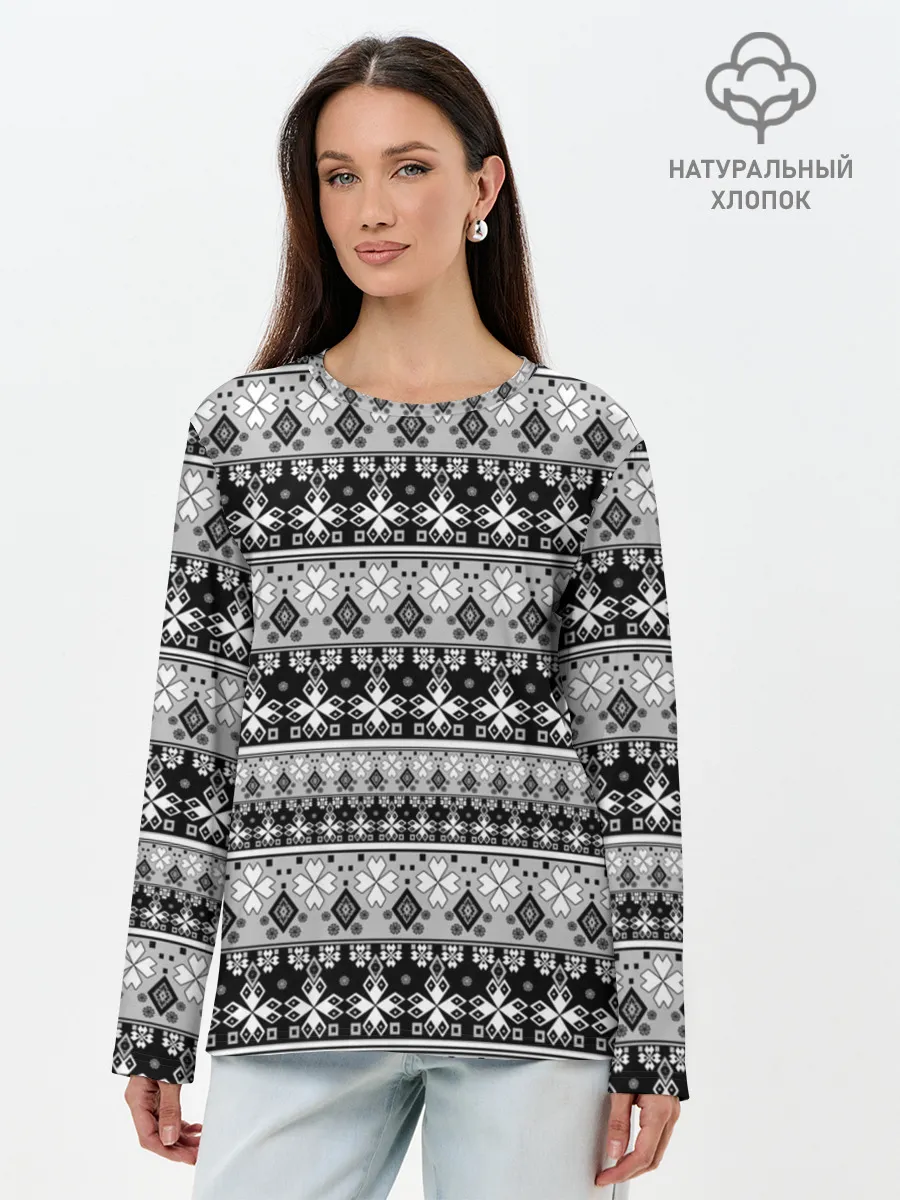 Лонгслив женский. Хлопок / Черно-белый орнамент