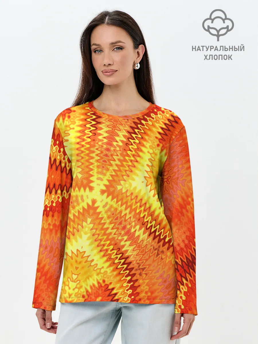 Лонгслив женский. Хлопок / Желто-оранжевая абстракция