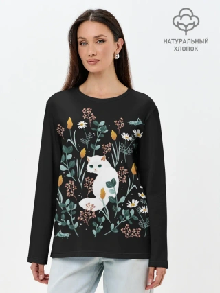 Лонгслив женский. Хлопок / Кошечка среди цветов