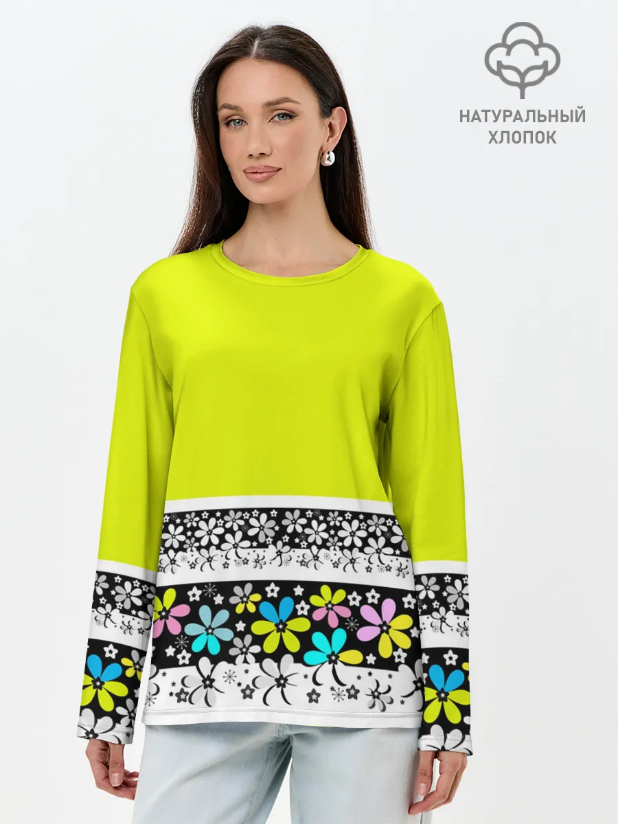 Лонгслив женский. Хлопок / Яркий цветочный узор