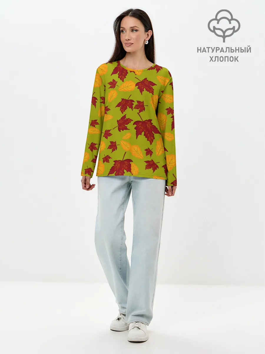 Лонгслив женский. Хлопок / осенние листья клён и дуб