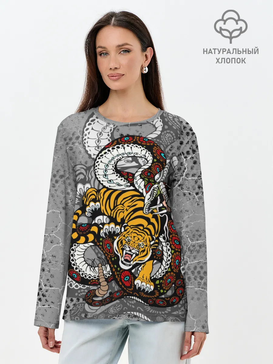 Лонгслив женский. Хлопок / Змея и Тигр|Tiger Snake Fight