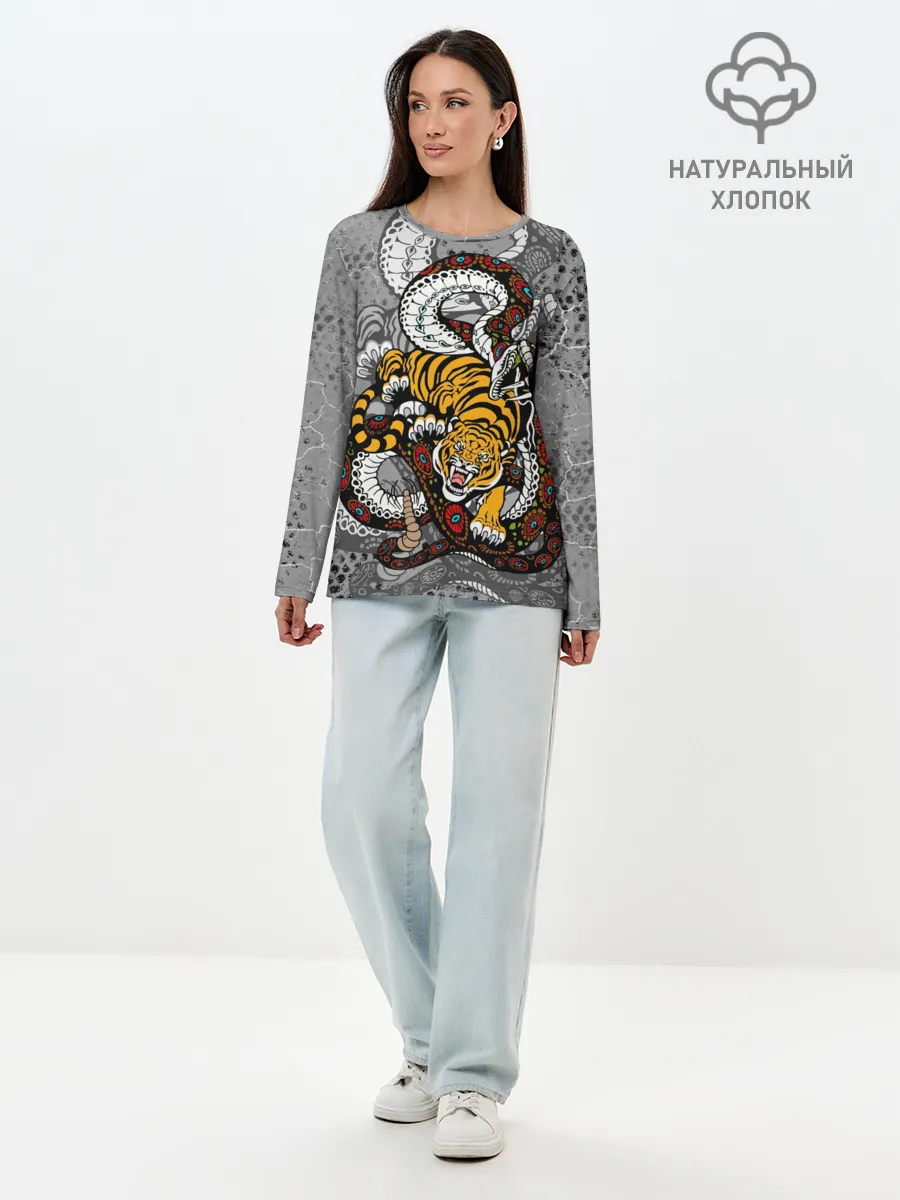 Лонгслив женский. Хлопок / Змея и Тигр|Tiger Snake Fight