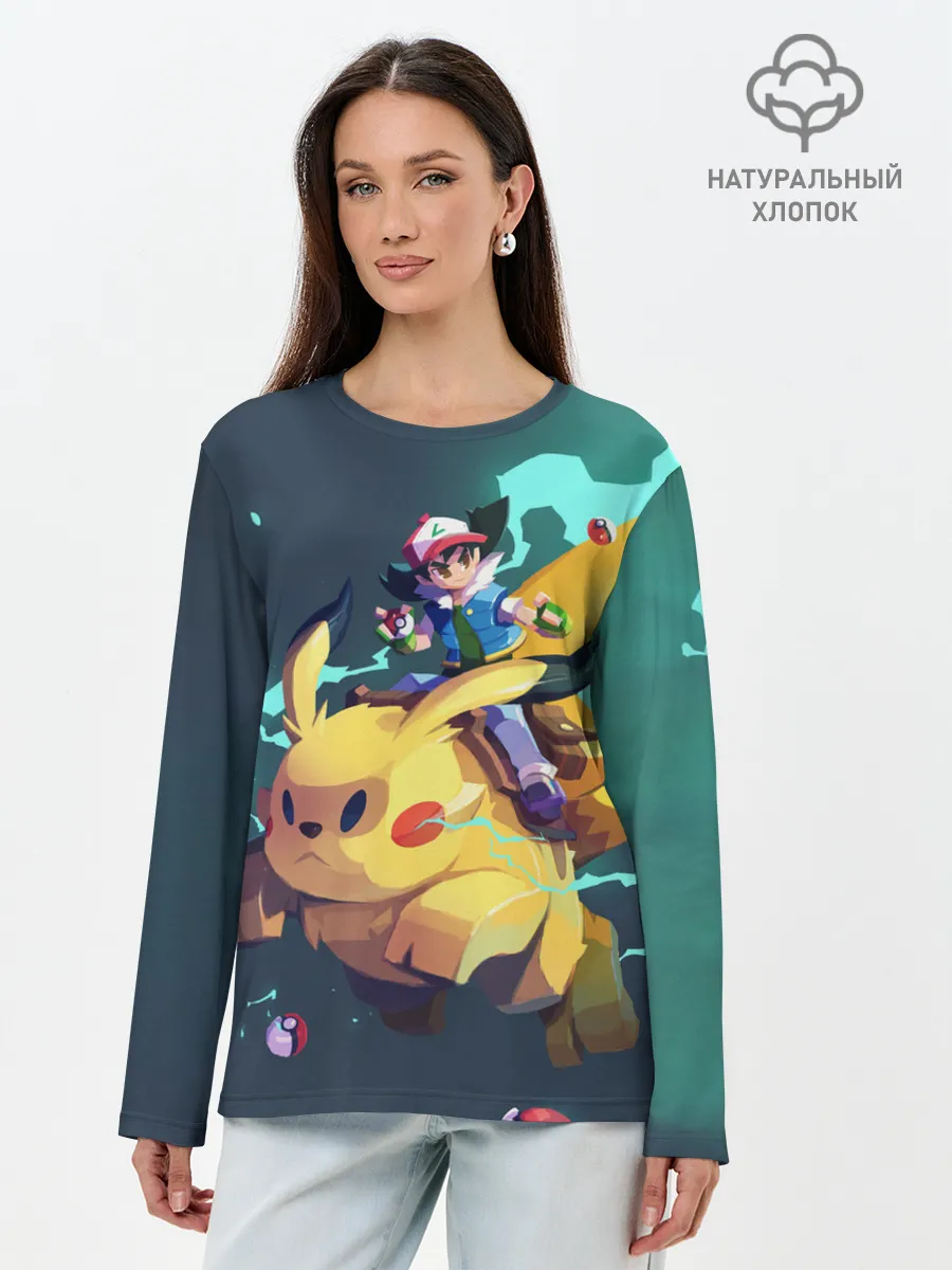 Лонгслив женский. Хлопок / Эш с Пикачу