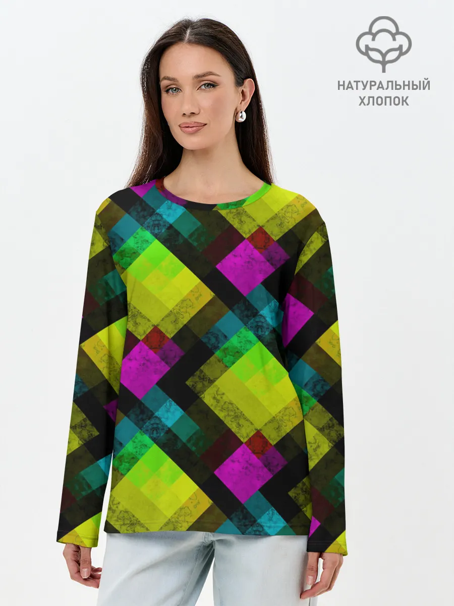 Лонгслив женский. Хлопок / Абстрактный разноцветный узор