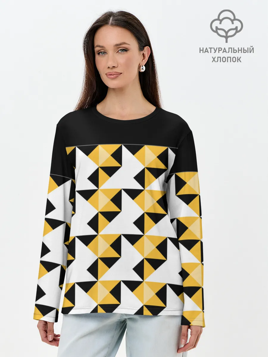 Лонгслив женский. Хлопок / Черно-желтый геометрический