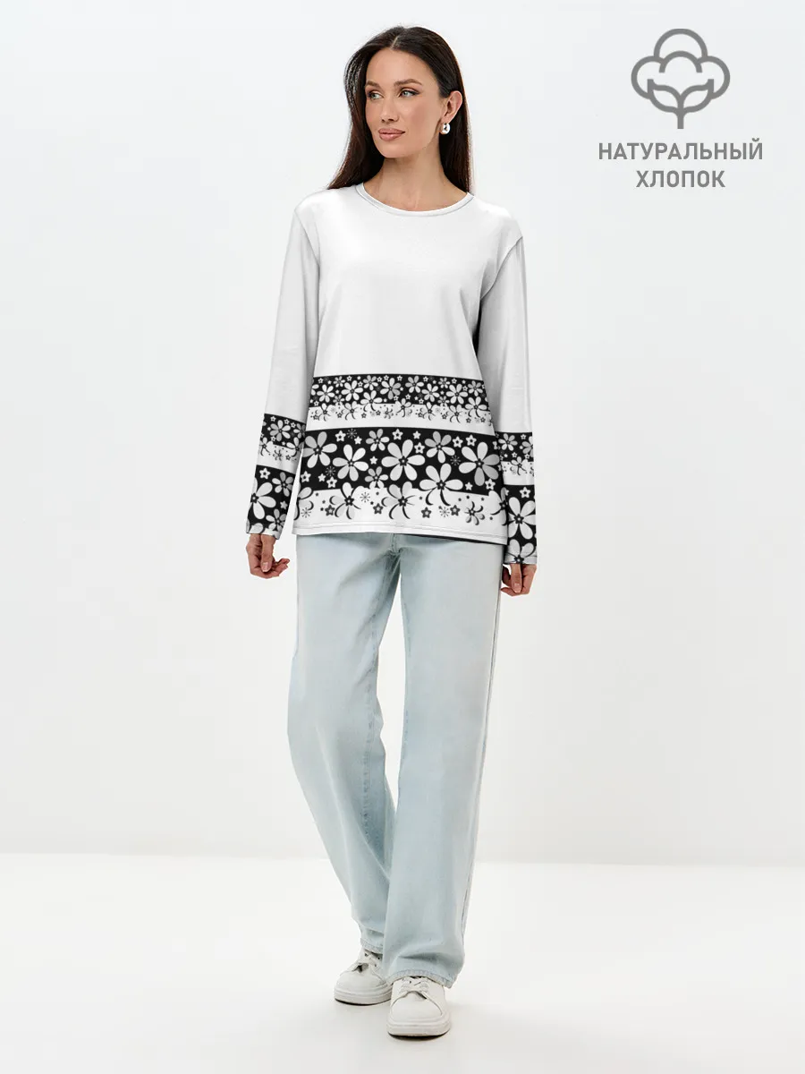 Лонгслив женский. Хлопок / Черно-белый цветочный принт