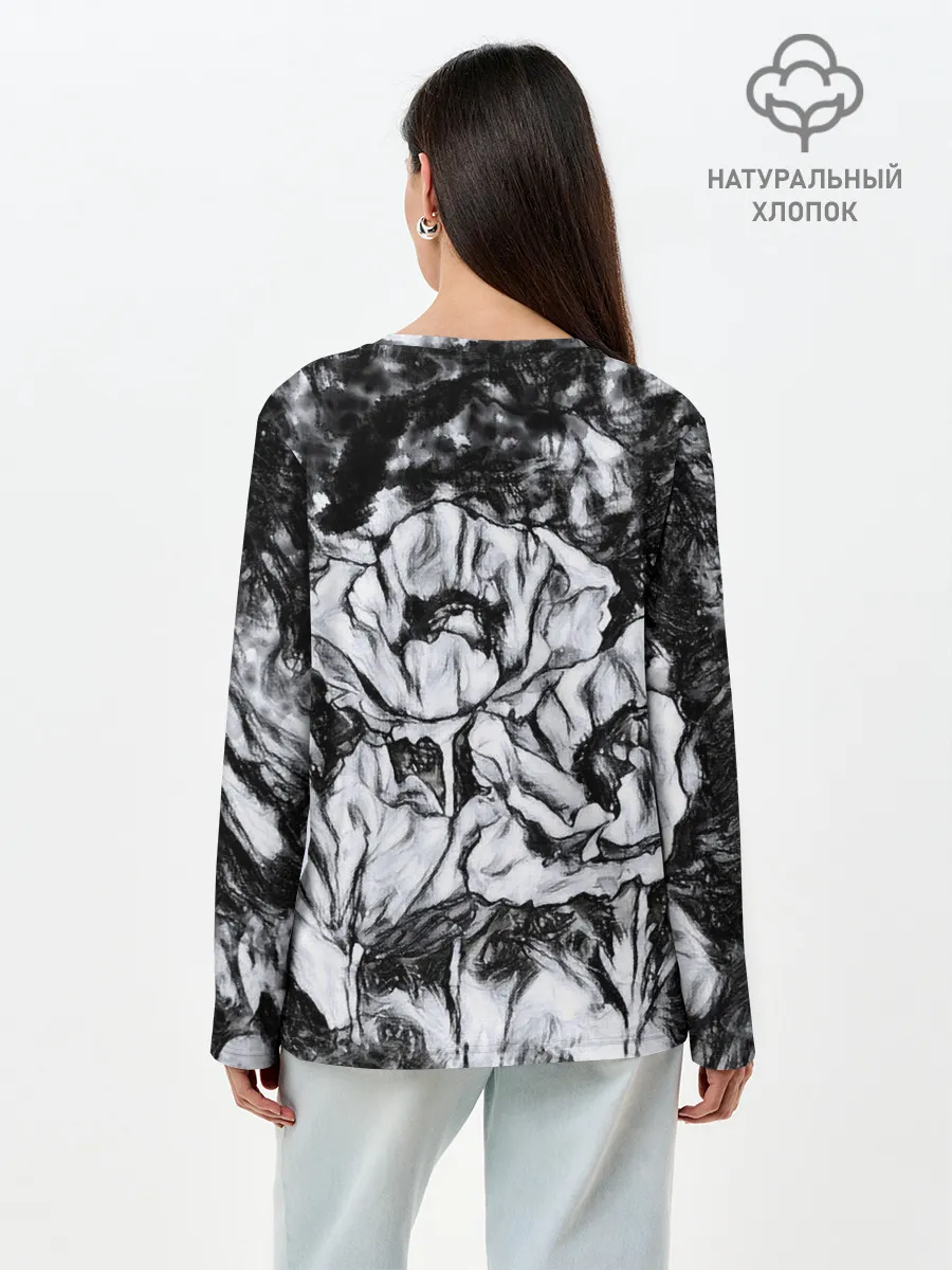 Лонгслив женский. Хлопок / Черно-белый узор. Маки.